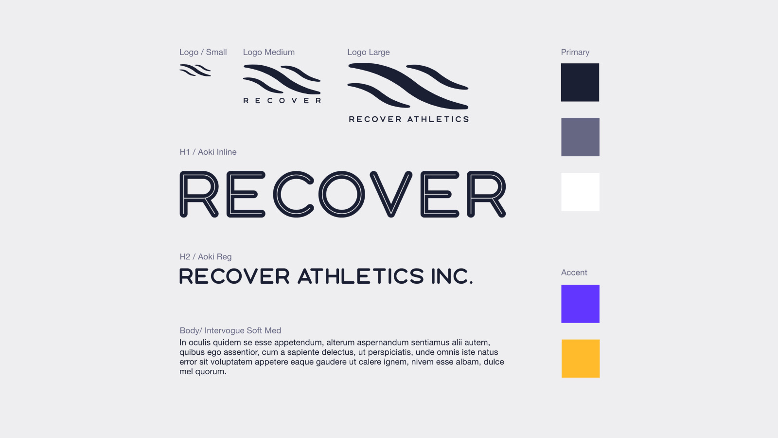 Recover Athletics logo, typography, and color system