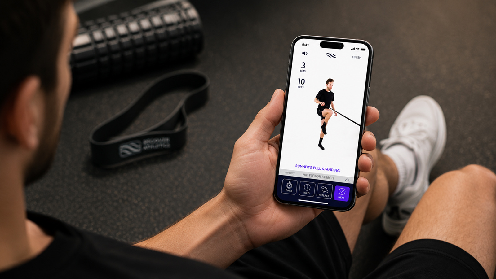 Runner following a guided resistance-band exercise in the Recover app