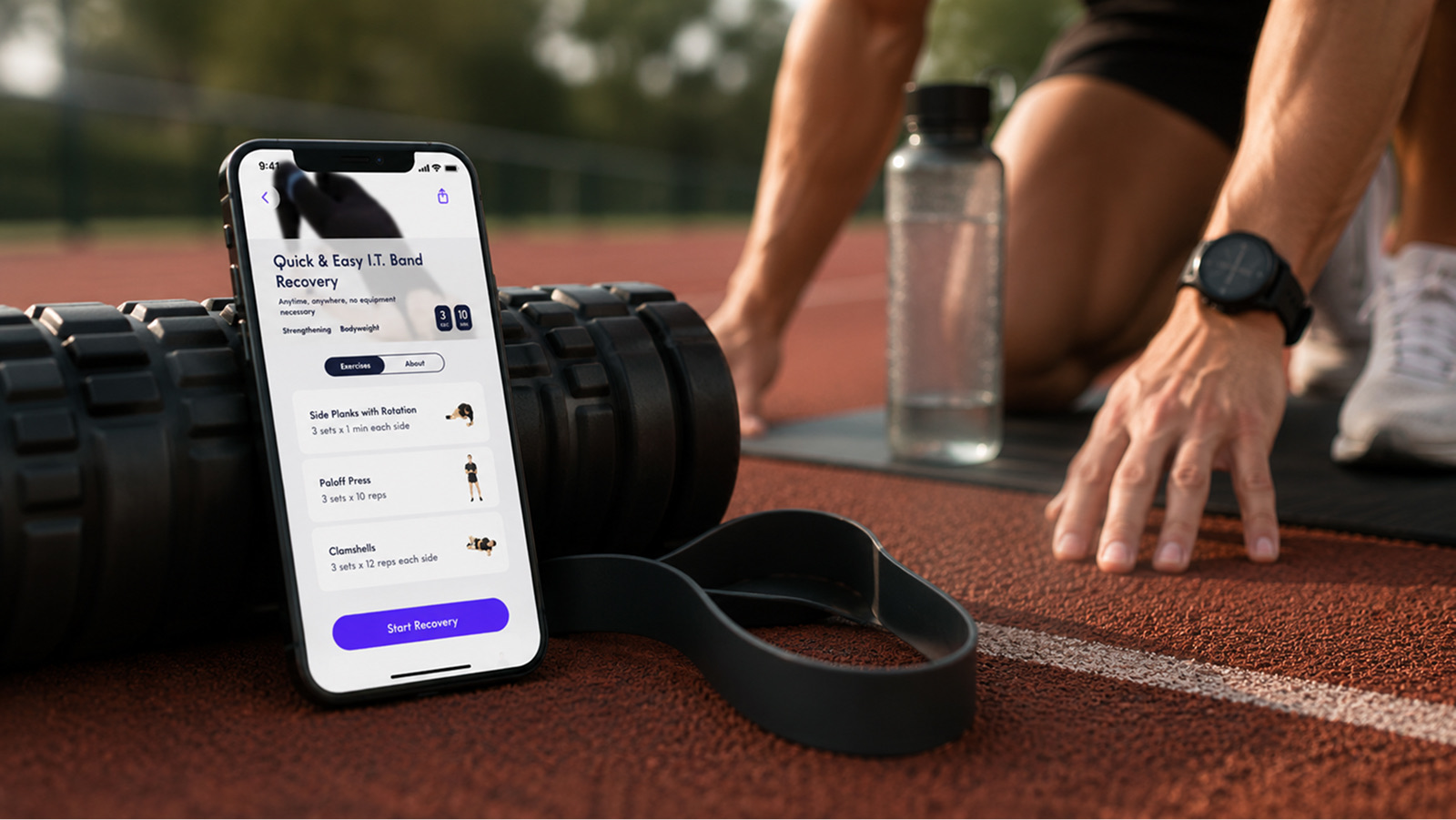 Recover personalized strength and recovery plan displayed beside running equipment