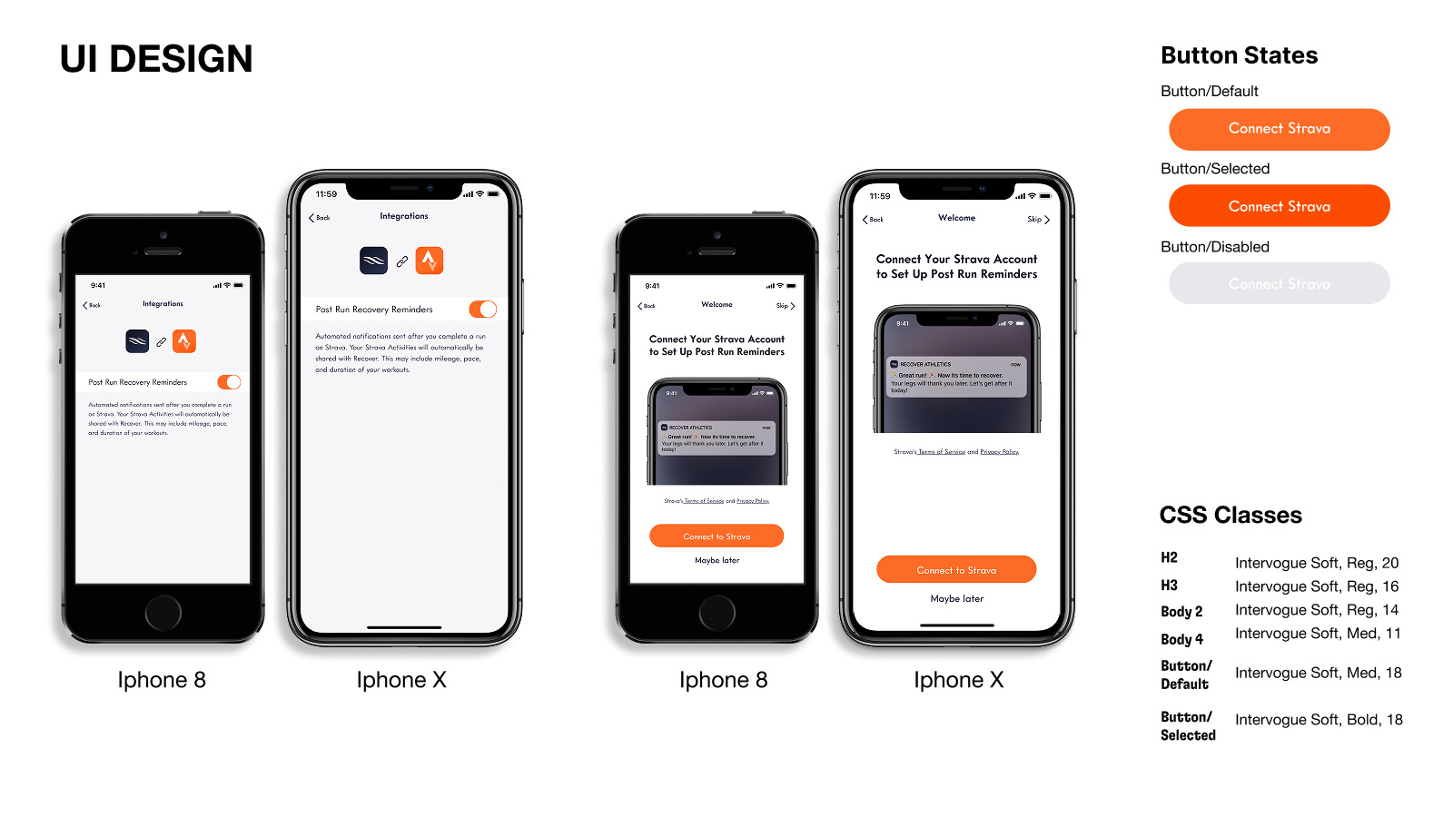 Recover and Strava integration interface and button design system