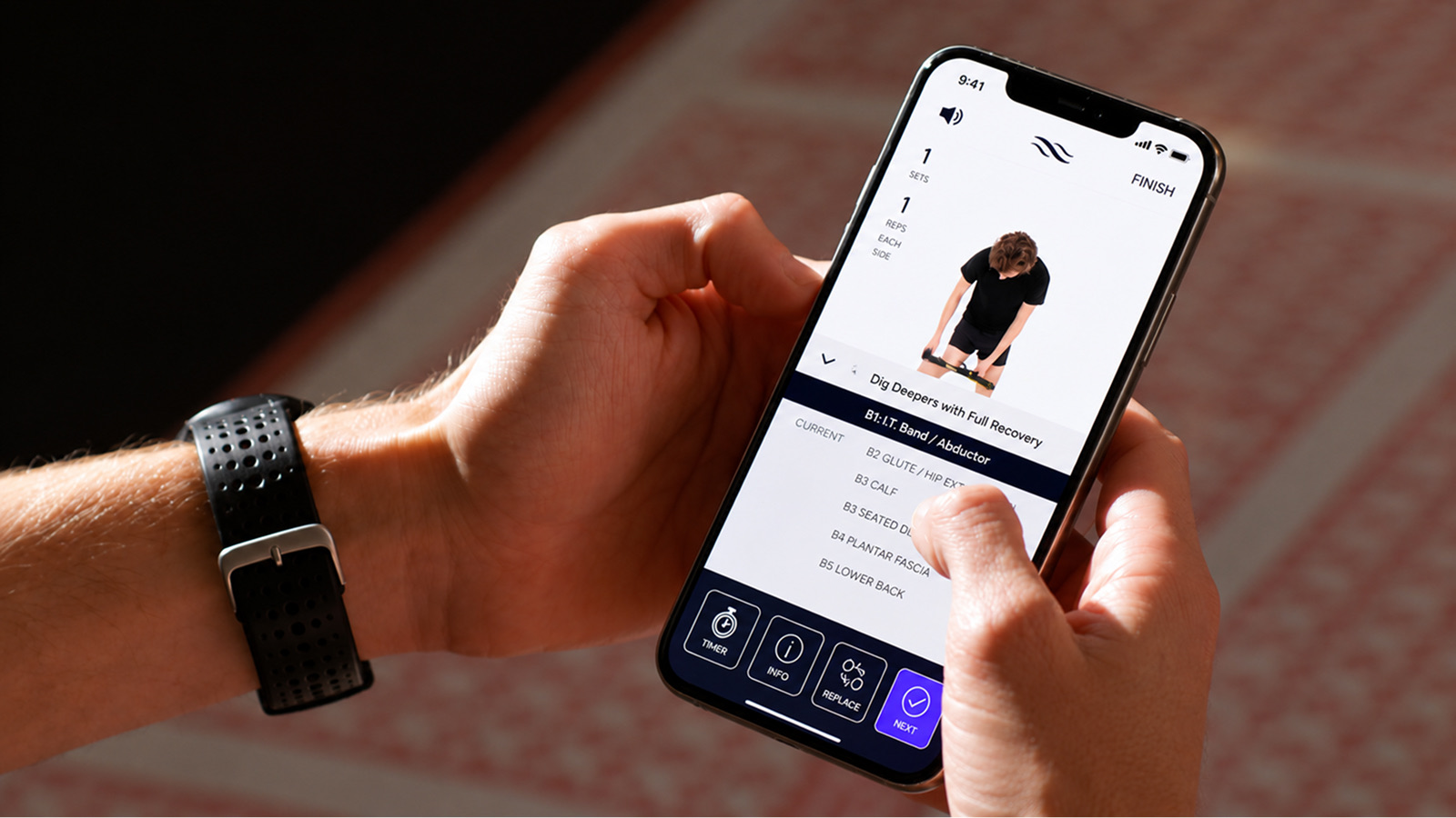 Recover workout navigation shown on a phone during a training session