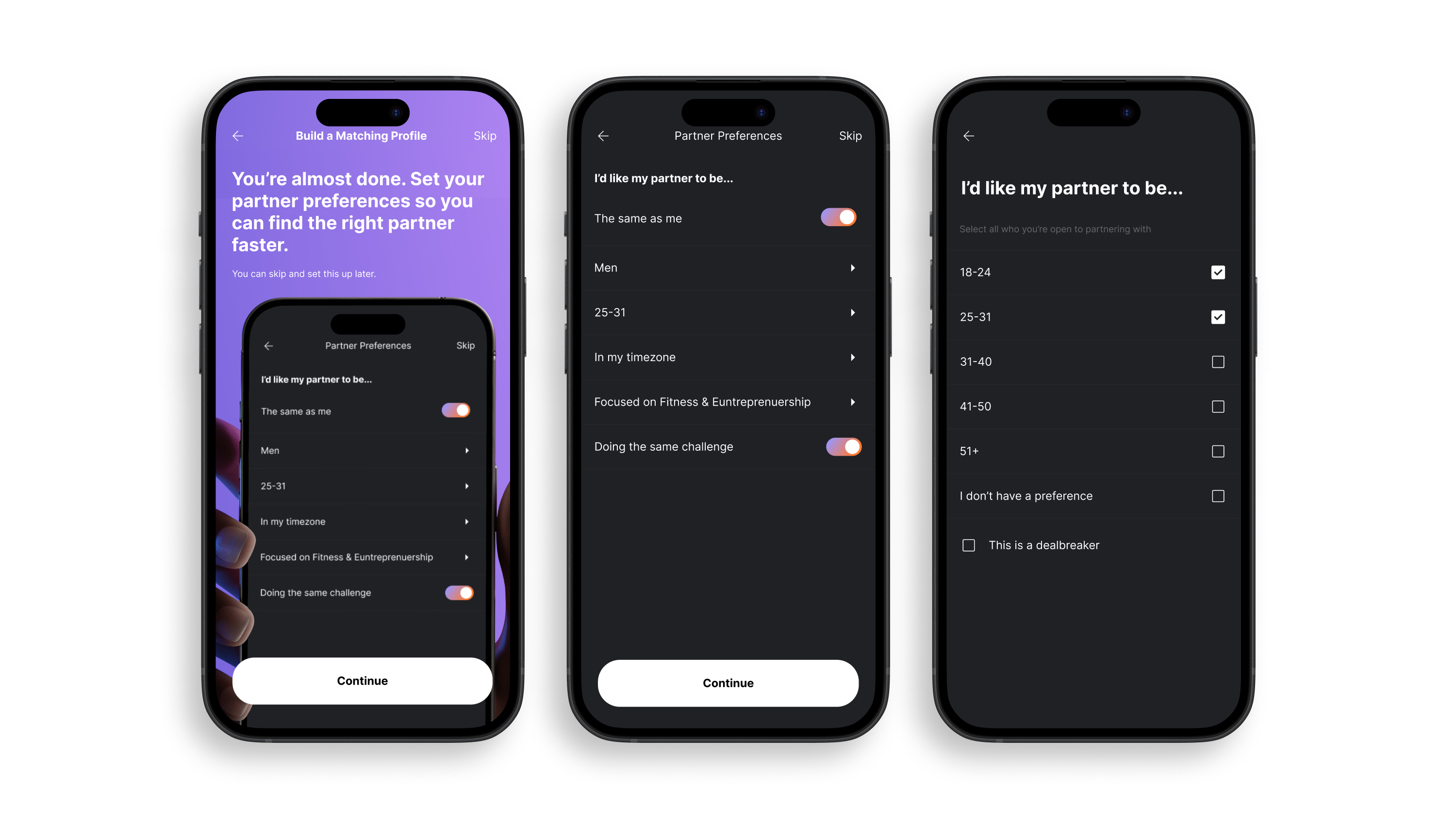 The Accountable Club partner preference screens
