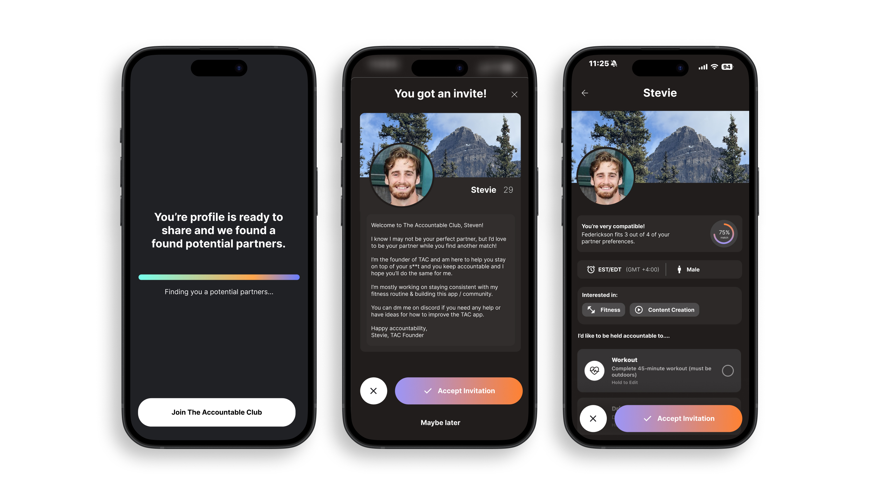 The Accountable Club invitation and profile screens