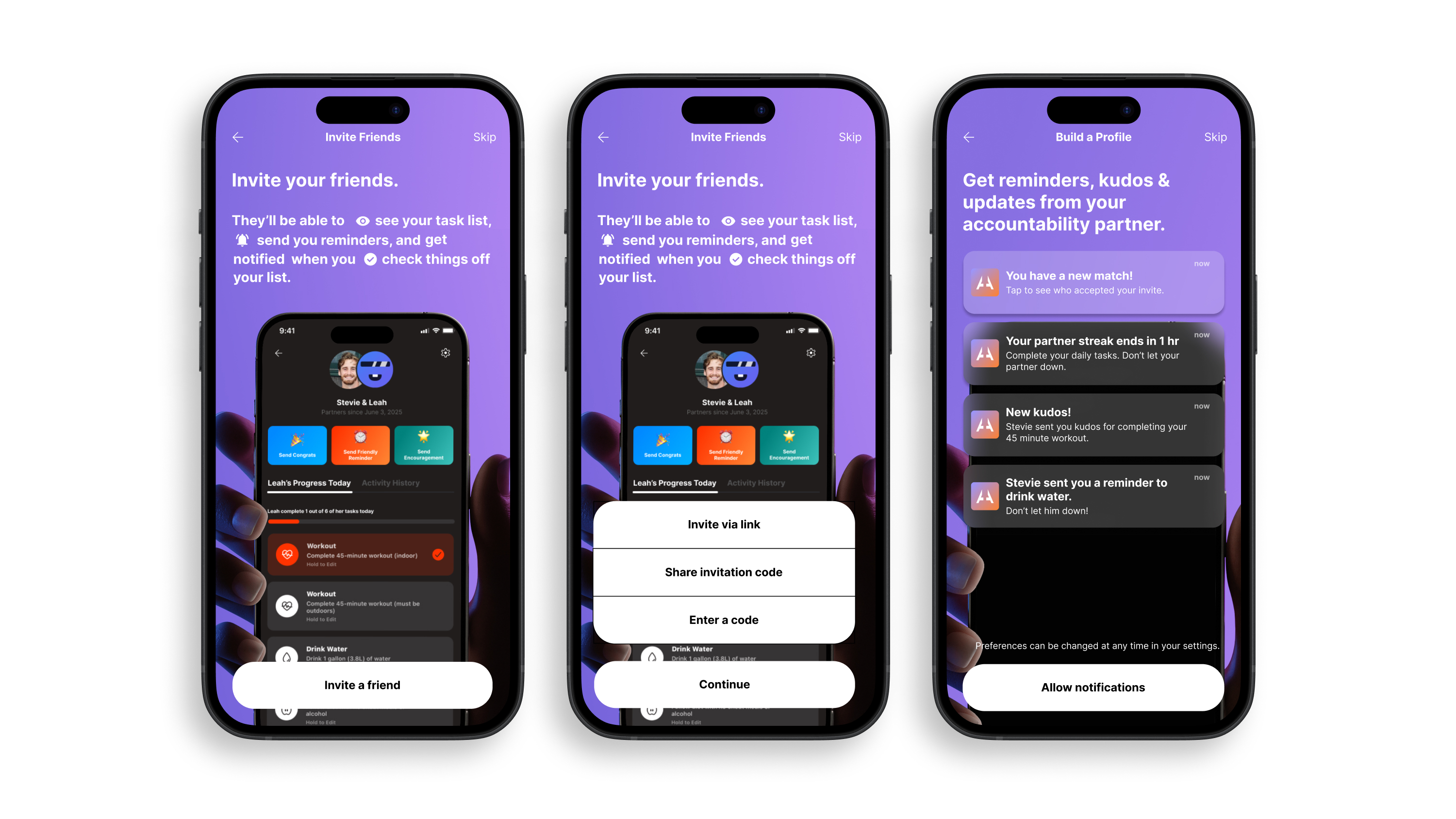 The Accountable Club invite friends and notification screens