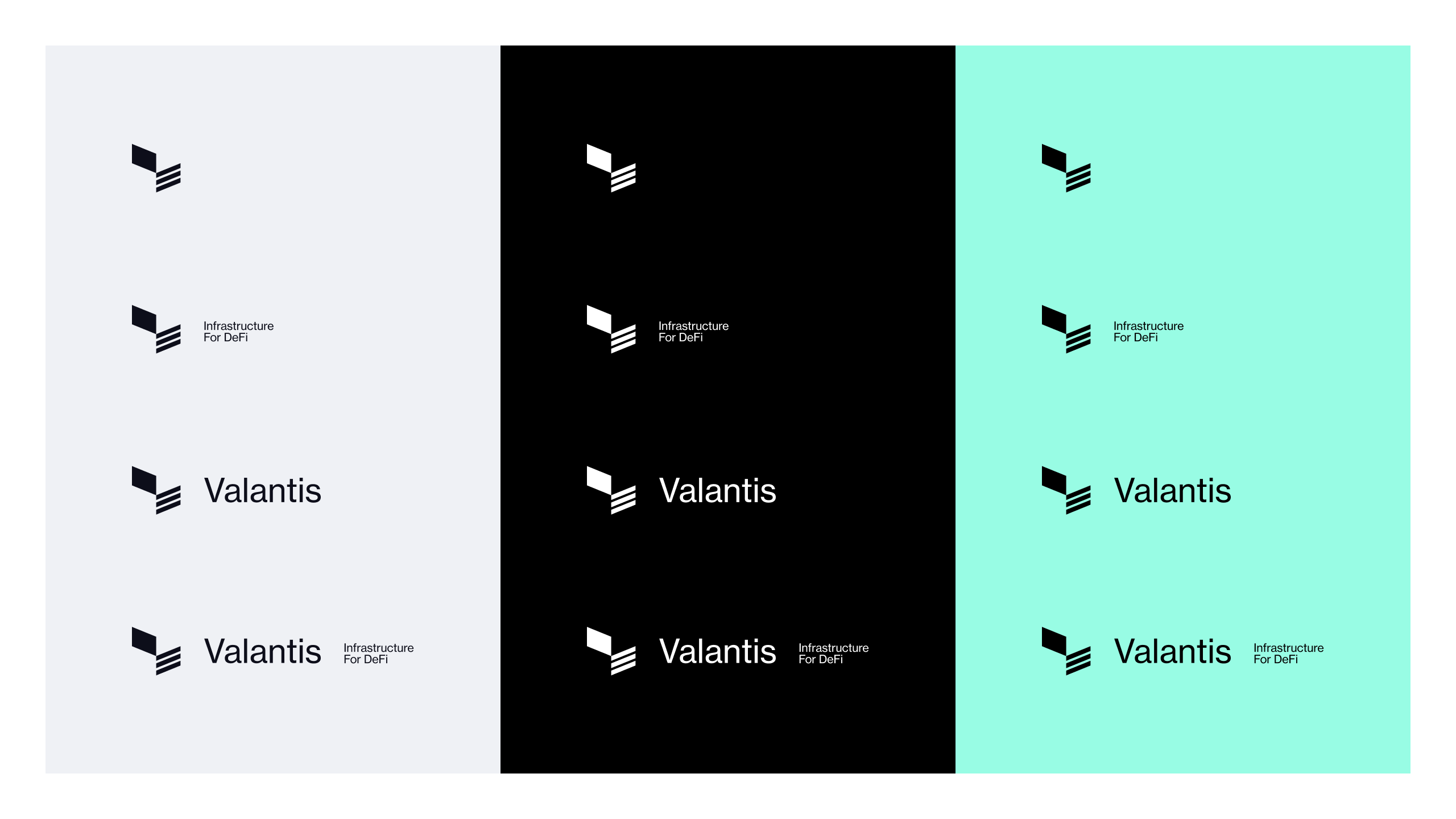 Valantis logo lockups across light, dark, and mint backgrounds