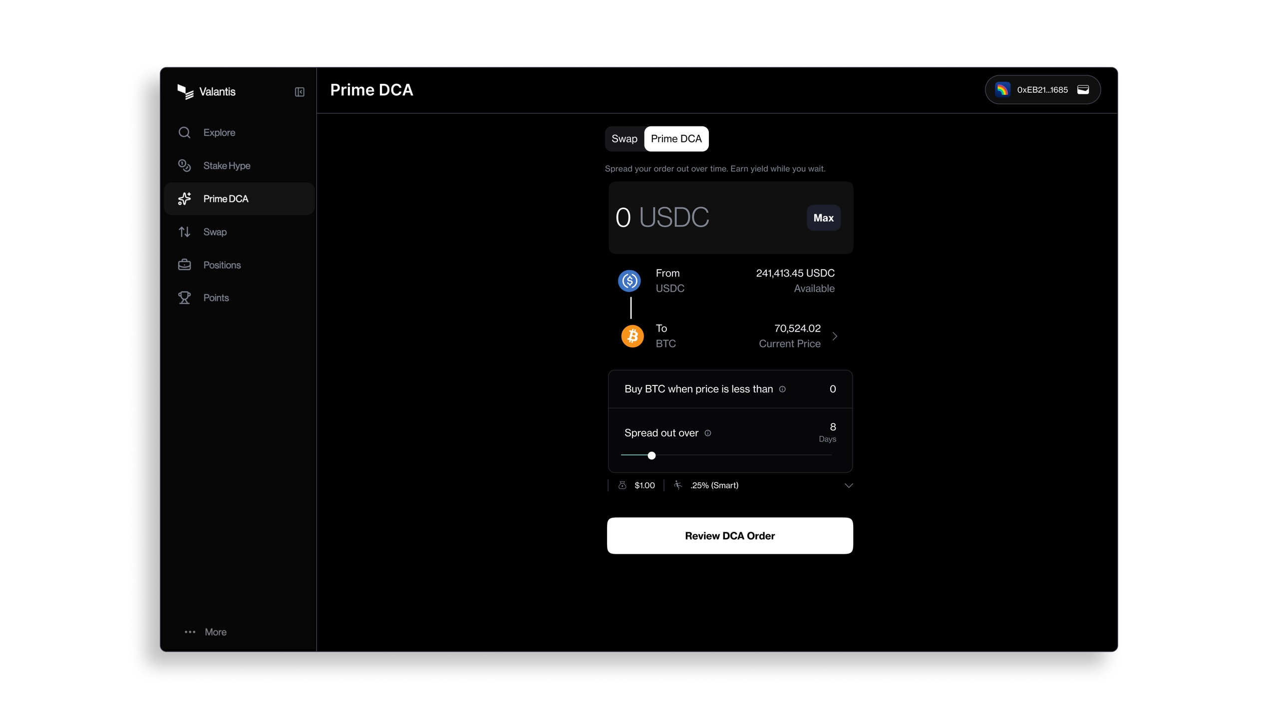 Prime DCA order setup in the Valantis web app