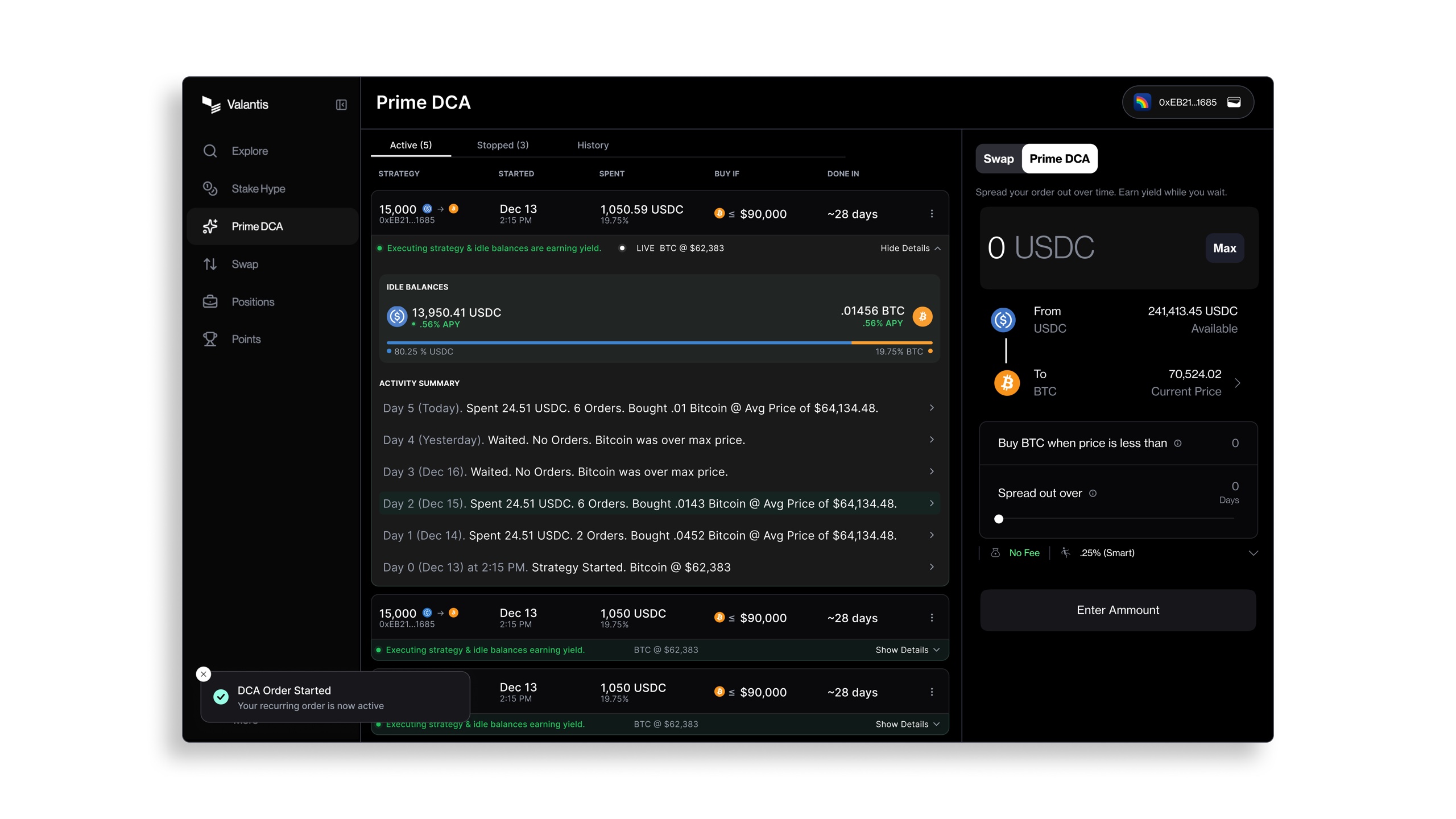 Prime DCA active strategy details and order controls